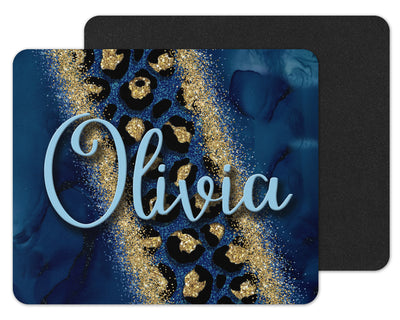 Blue Swirls and Leopard Glitter Custom Personalized Mouse Pad