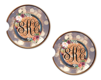 Bokeh Floral and Glitter Personalized Sandstone Car Coasters (Set of Two)