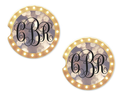 Bokeh Marquee Personalized Sandstone Car Coasters (Set of Two)