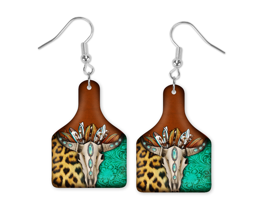 Bull Skull Cow Tag Earrings - Sew Lucky Embroidery