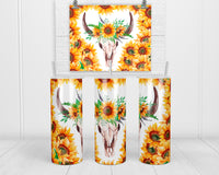 Bull Skull and Sunflowers 20oz insulated tumbler with lid and straw - Sew Lucky Embroidery
