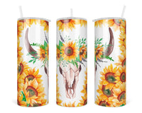 Bull Skull and Sunflowers 20oz insulated tumbler with lid and straw - Sew Lucky Embroidery