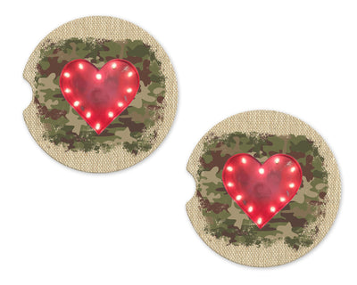 Burlap Camo Heart Sandstone Car Coasters (Set of Two)