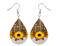 Burlap and Sunflower Teardrop Earrings - Sew Lucky Embroidery