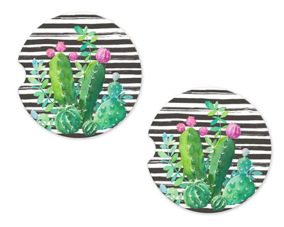 Cactus and Stripes Sandstone Car Coasters (Set of Two)