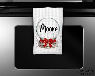 Christmas Globe with Red Ribbon Personalized Waffle Weave Microfiber Kitchen Towel