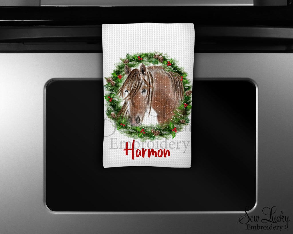 Christmas Horse Wreath Personalized Kitchen Towel