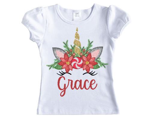 Christmas Unicorn Horn with Poinsettias Personalized Shirt - Sew Lucky Embroidery