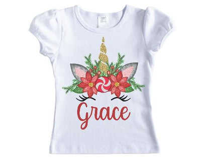 Christmas Unicorn Horn with Poinsettias Personalized Shirt