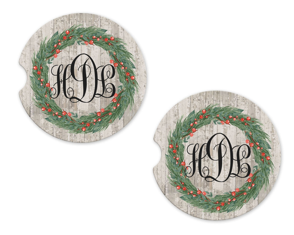 Christmas Wreath Personalized Sandstone Car Coasters - Sew Lucky Embroidery
