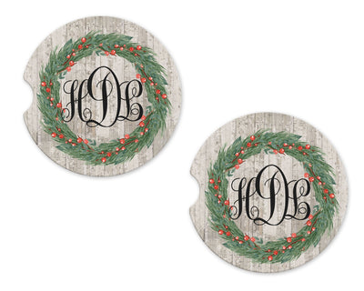 Christmas Wreath Personalized Sandstone Car Coasters (Set of Two)