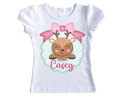 Christmas Wreath Reindeer Personalized Girls Shirt