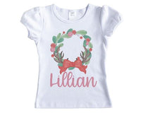 Christmas Wreath with Antlers and Berries Personalized Girls Shirt - Sew Lucky Embroidery