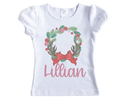 Christmas Wreath with Antlers and Berries Personalized Girls Shirt