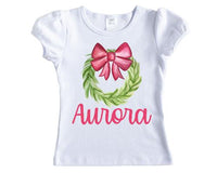 Christmas Wreath with Bow Personalized Girls Shirt - Sew Lucky Embroidery
