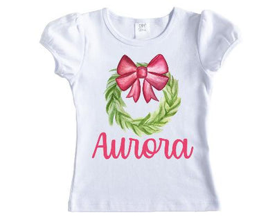 Christmas Wreath with Bow Personalized Girls Shirt