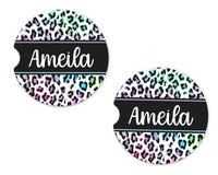 Colorful Leopard Print Personalized Sandstone Car Coasters - Sew Lucky Embroidery