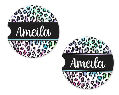Colorful Leopard Print Personalized Sandstone Car Coasters (Set of Two)