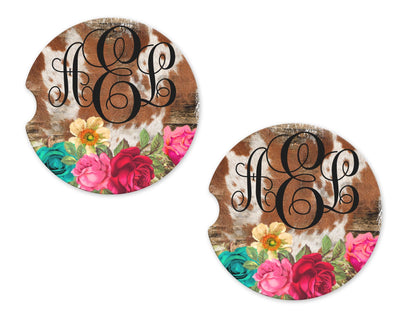 Cow Hide and Flowers Personalized Sandstone Car Coasters (Set of Two)