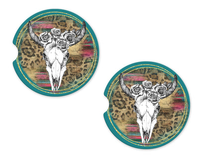 Cow Skull with Flowers Sandstone Car Coasters (Set of Two)