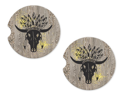 Cow Skull with Headdress Sandstone Car Coasters (Set of Two)