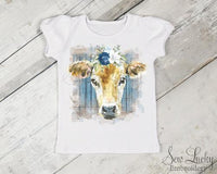 Cow with Blue Flowers Girls Shirt - Sew Lucky Embroidery