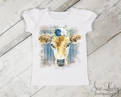 Cow with Blue Flowers Girls Shirt
