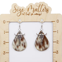 Cow Skull on Real Leather Cowhide Earrings - Sew Lucky Embroidery