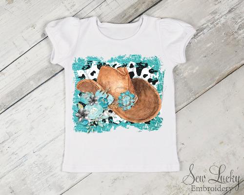 Cowgirl Hat with Aqua Flowers Girls Shirt - Sew Lucky Embroidery