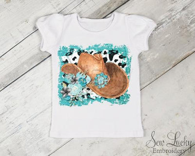 Cowgirl Hat with Aqua Flowers Girls Shirt