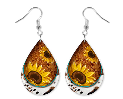 Cowhide and Sunflowers Teardrop Earrings