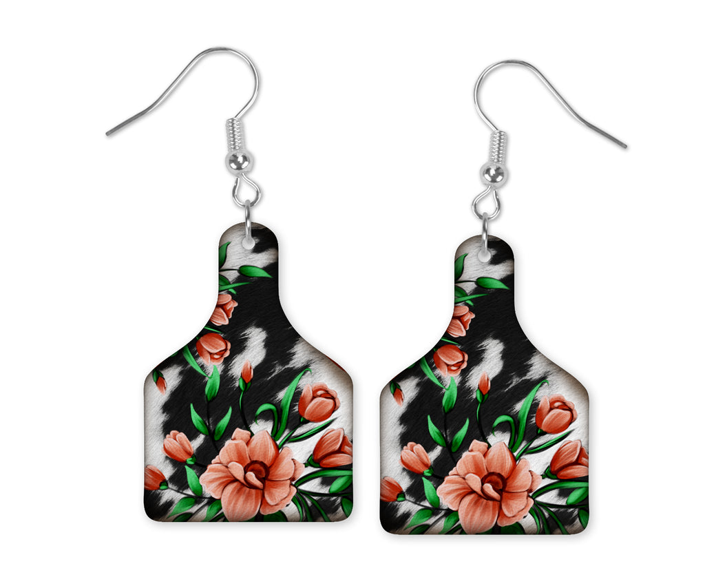 Cowhide Flowers Cow Tag Earrings - Sew Lucky Embroidery