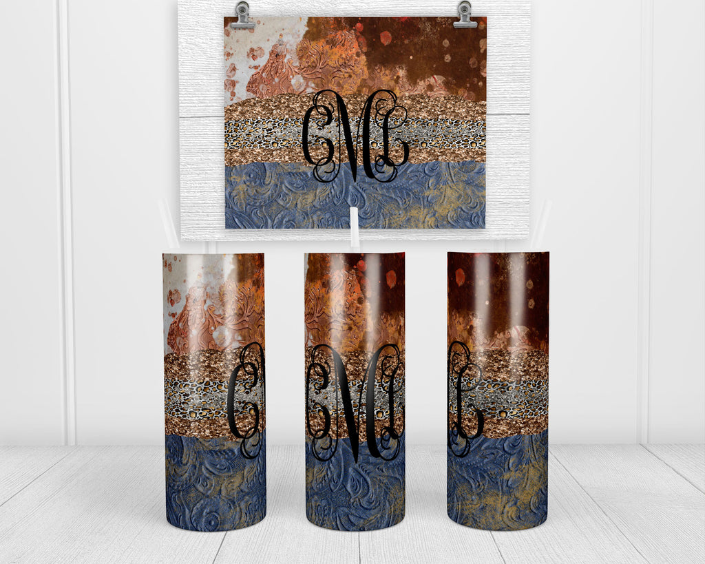 Cowhide Leather and Glitter Personalized 20 oz insulated stainless steel tumbler - Sew Lucky Embroidery