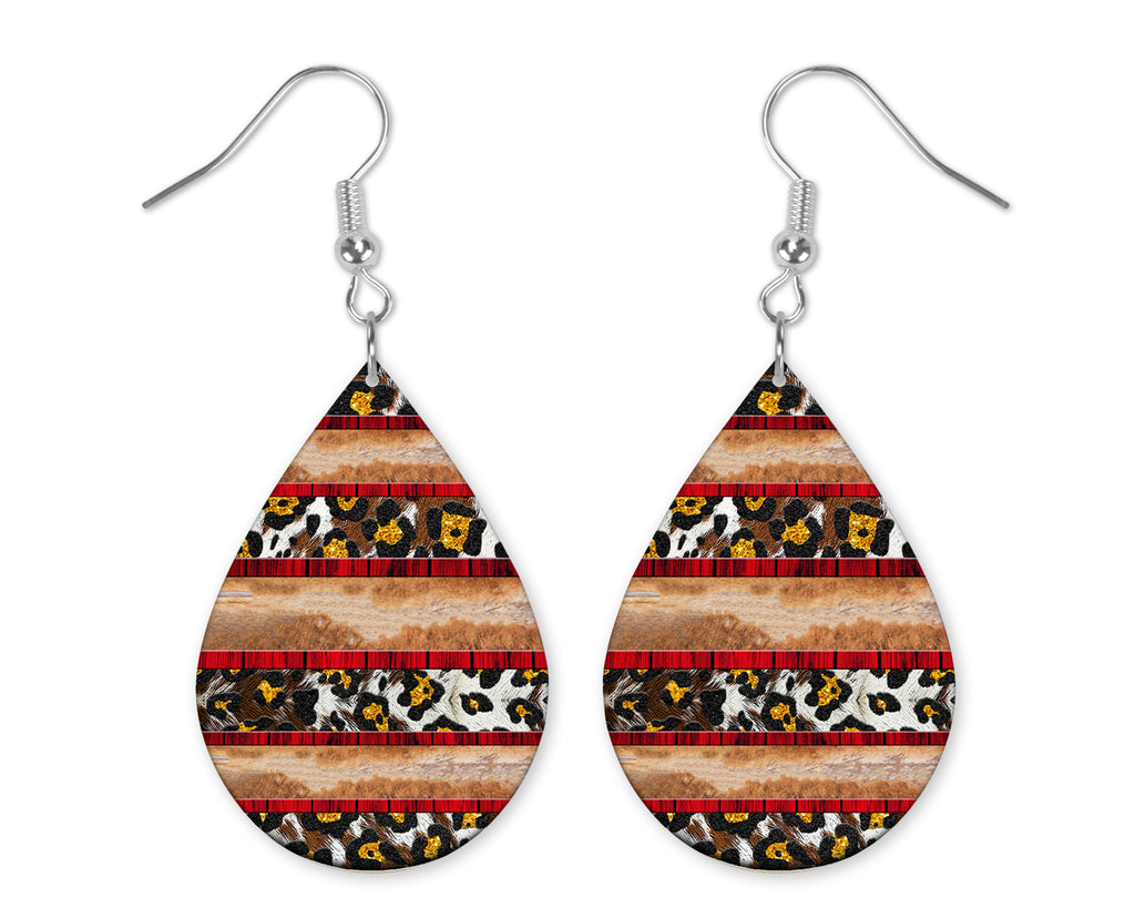 Cowhide Leopard and Red Stripes Handmade Wood Earrings - Sew Lucky Embroidery