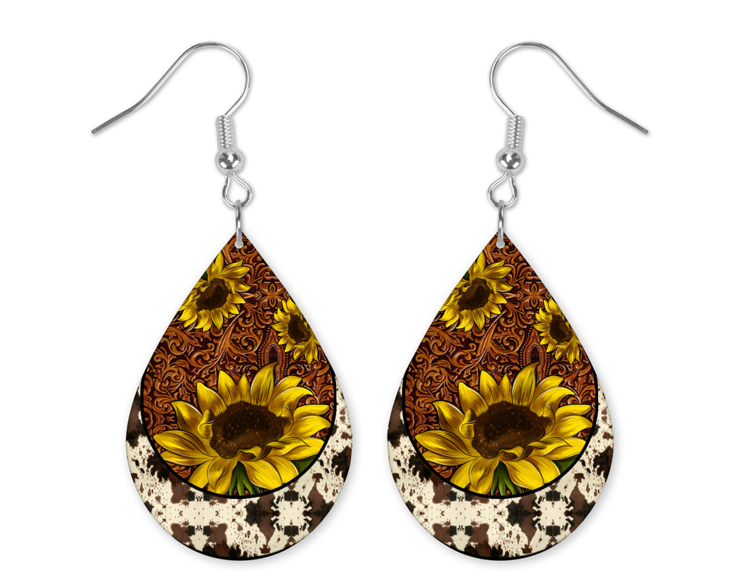 Cowhide Sunflowers on Leather Design Teardrop Earrings - Sew Lucky Embroidery