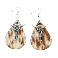 Cow Skull on Real Leather Cowhide Earrings - Sew Lucky Embroidery