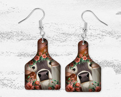 Cow with Flowers Cow Tag Earrings