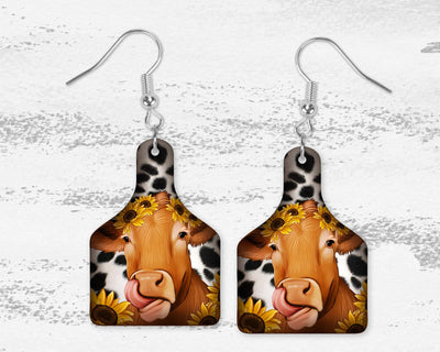 Cow with Sunflowers Cow Tag Earrings