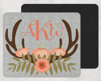Deer Antlers with Light Pink Flowers Custom Monogram Personalized Mouse Pad - Sew Lucky Embroidery