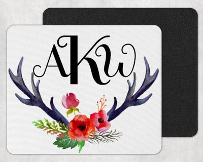 Deer Antlers with Red Flowers Custom Monogram Personalized Mouse Pad