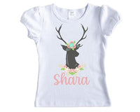 Deer Head with Spring Flowers Personalized Girls Shirt - Sew Lucky Embroidery