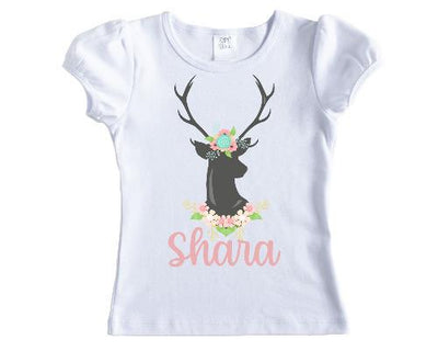 Deer Head with Spring Flowers Personalized Girls Shirt