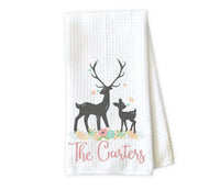 Deer with Flowers Personalized Kitchen Towel - Waffle Weave Towel - Microfiber Towel - Kitchen Decor - House Warming Gift - Sew Lucky Embroidery