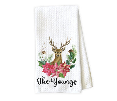 Deer with Poinsettia Personalized Waffle Weave Microfiber Kitchen Towel