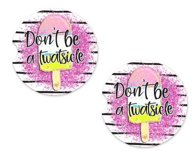 Don't Be A Twatsicle Stripes Sandstone Car Coasters (Set of Two)
