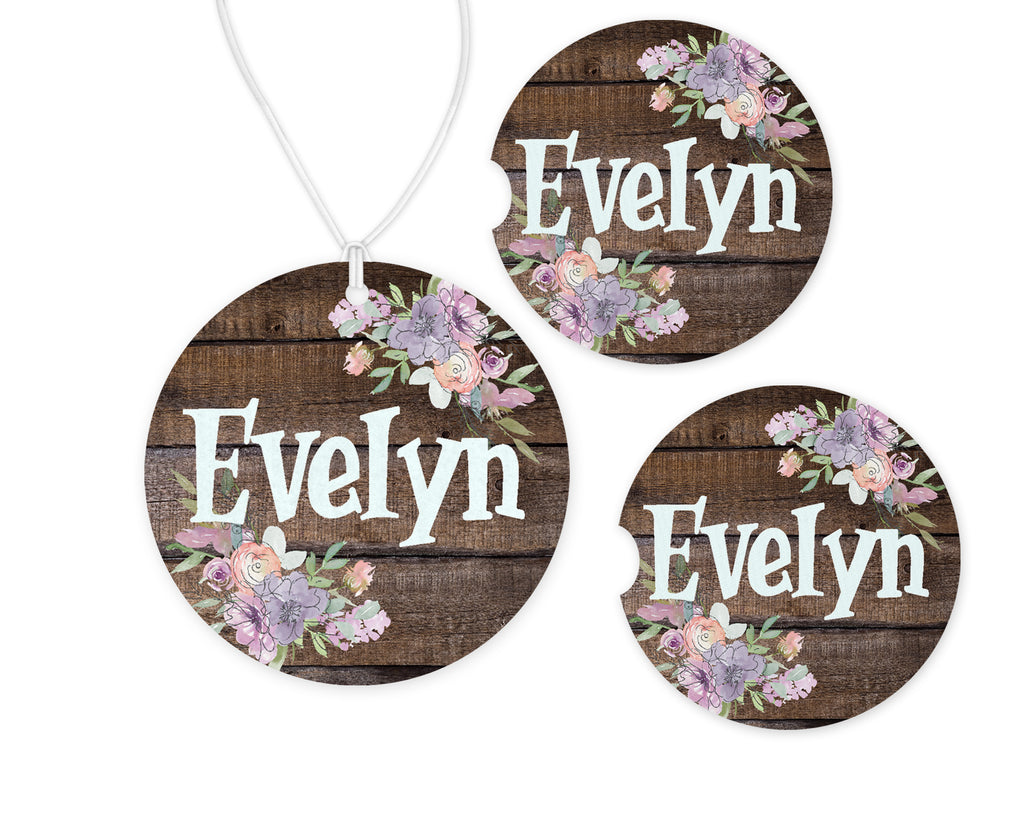 Doodle Flowers Car Charm and set of 2 Sandstone Car Coasters Personalized - Sew Lucky Embroidery
