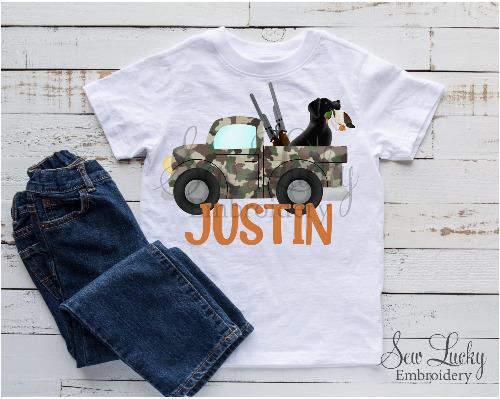 Duck Hunting Camo Truck with Dog Boys Personalized Shirt - Sew Lucky Embroidery