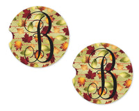Fall Leaves and Glitter Stripes Personalized Sandstone Car Coasters - Sew Lucky Embroidery