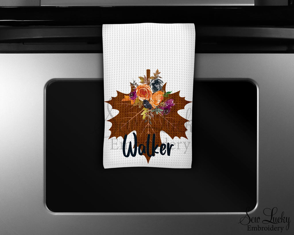 Fall Maple Leaf Personalized Kitchen Towel - Waffle Weave Towel - Microfiber Towel - Kitchen Decor - House Warming Gift - Sew Lucky Embroidery
