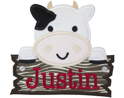 Farm Cow Peeker with Barn sign Personalized Sew or Iron on Embroidered Patch